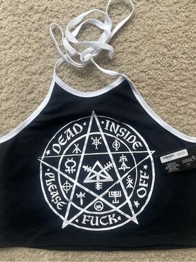 Black Halter Crop Top with White Occult Graphic